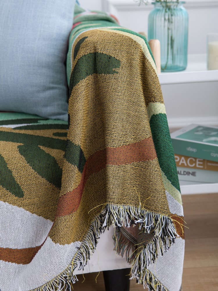 ソファーカバー 抽象アート柄フリンジ付きマルチカバー