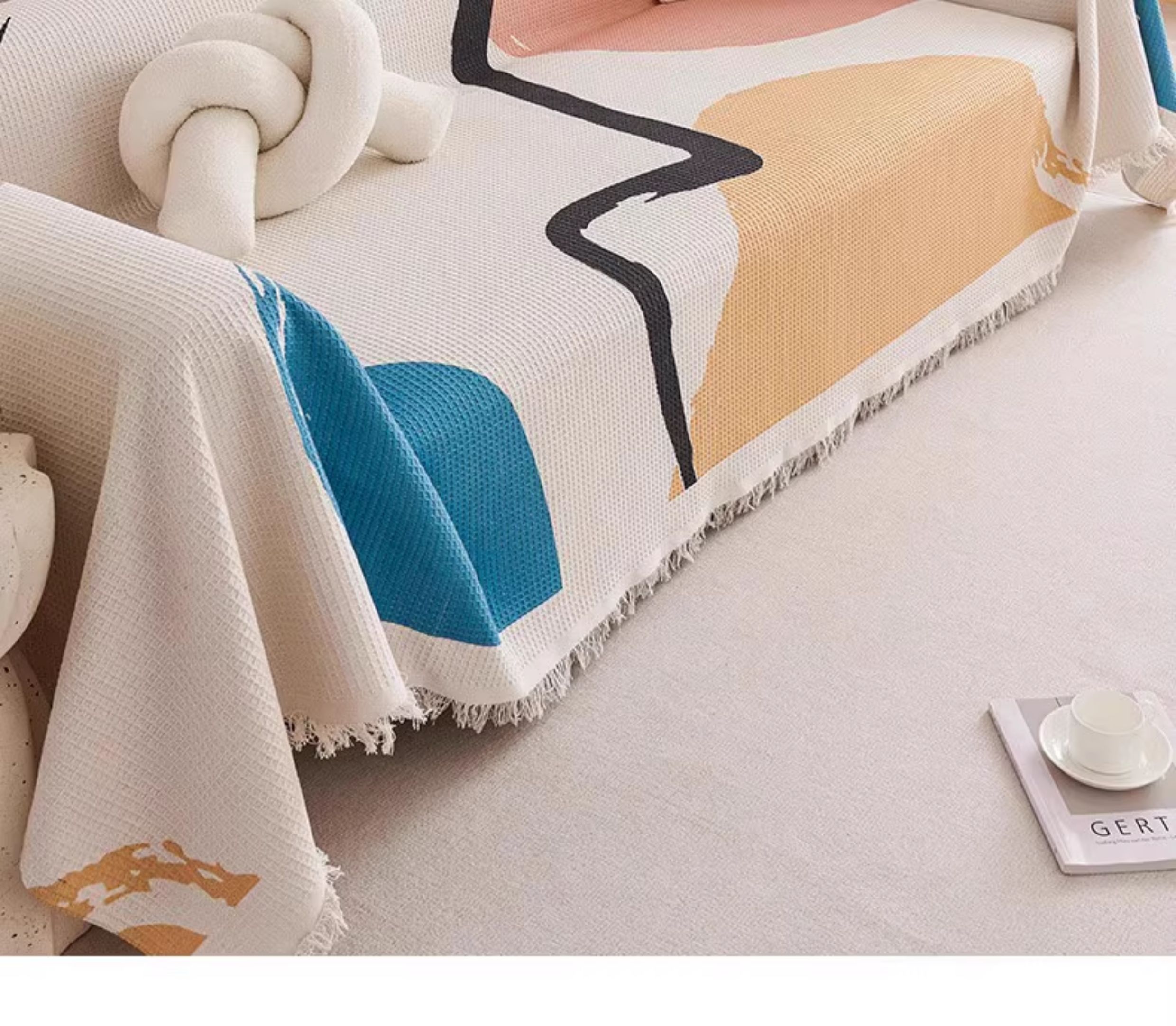 ソファーカバー 北欧風幾何学模様フリンジ付きマルチカバー