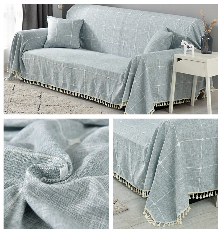 ソファーカバー 格子柄タッセル付きマルチカバー2人掛け用