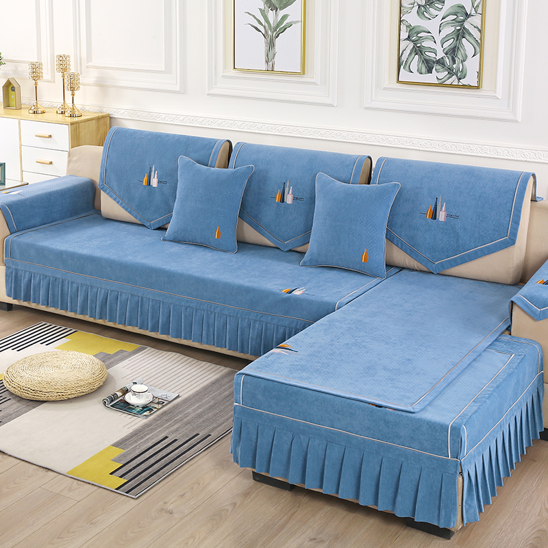 ソファーカバー 小さなヨット刺繍付きフリル装飾三人掛けソファーカバー