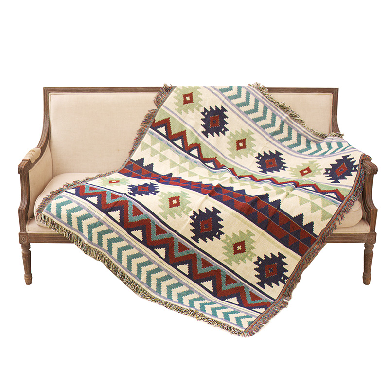 ソファーカバー 民族調幾何学模様フリンジ付きマルチカバー