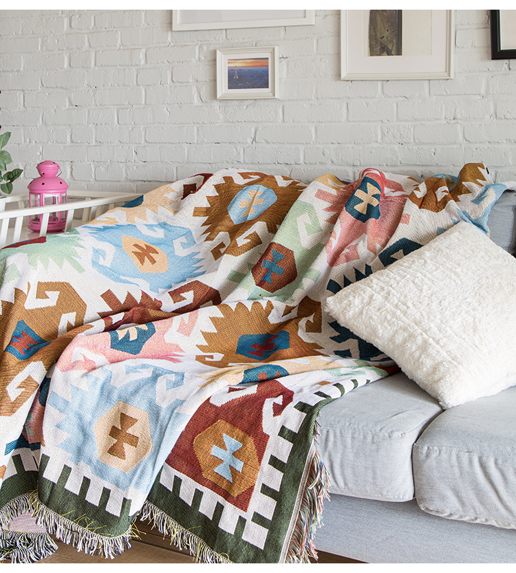 ソファーカバー 民族調幾何学模様フリンジ付きマルチカバー
