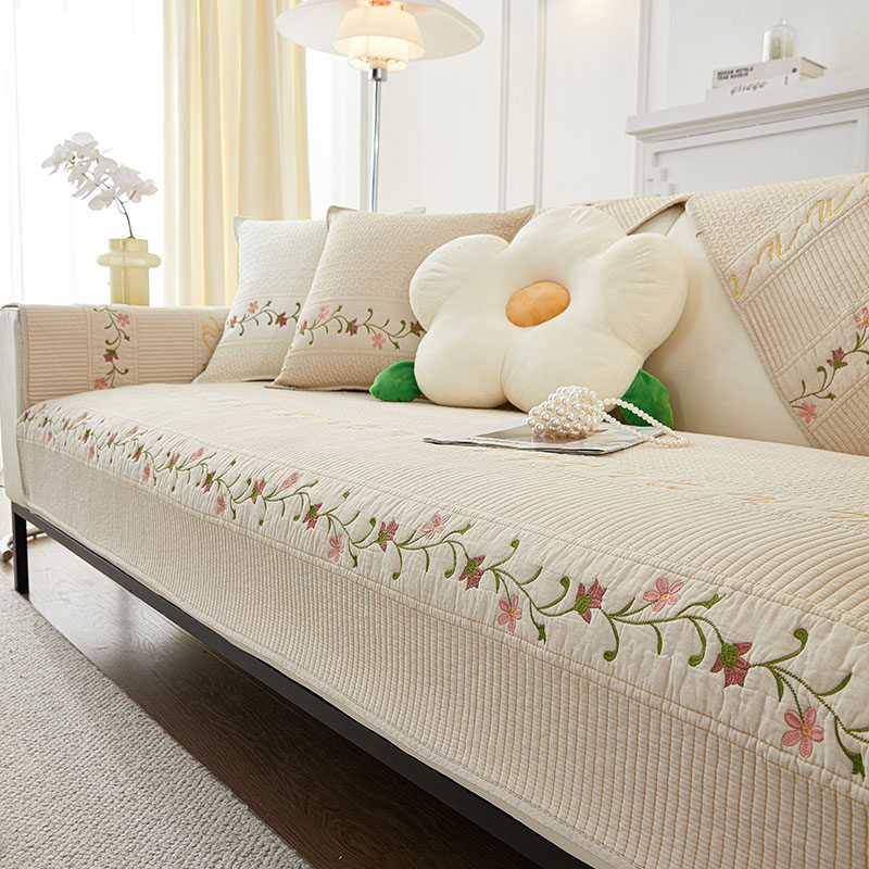 ソファーカバー 花の刺繍が美しい上品な綿製ソファーカバー