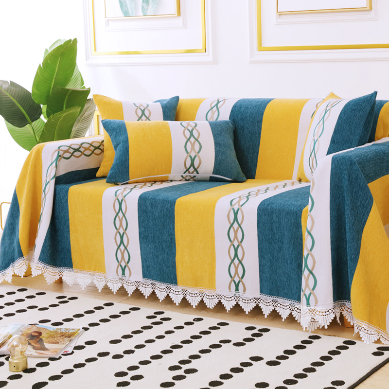 ソファーカバー 縦縞模様と装飾柄入り房付きマルチカバー