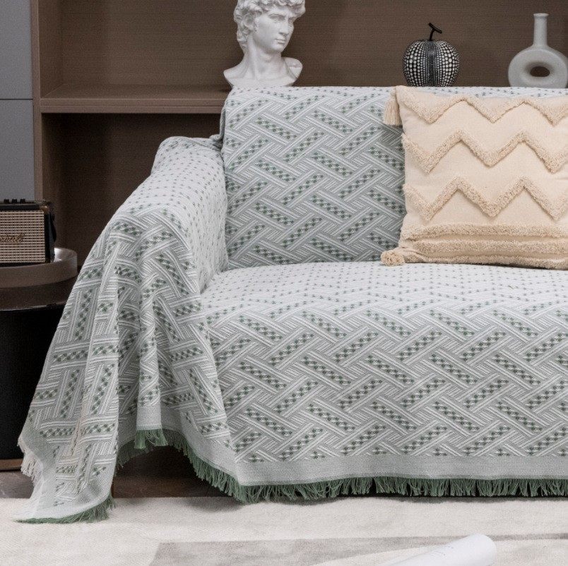 ソファーカバー 幾何学模様フリンジ付き2人掛けソファーカバー