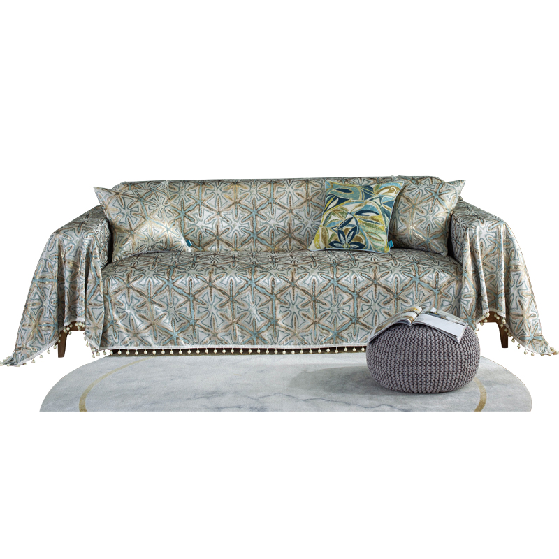 ソファーカバー 幾何学模様ポンポン付きマルチカバー