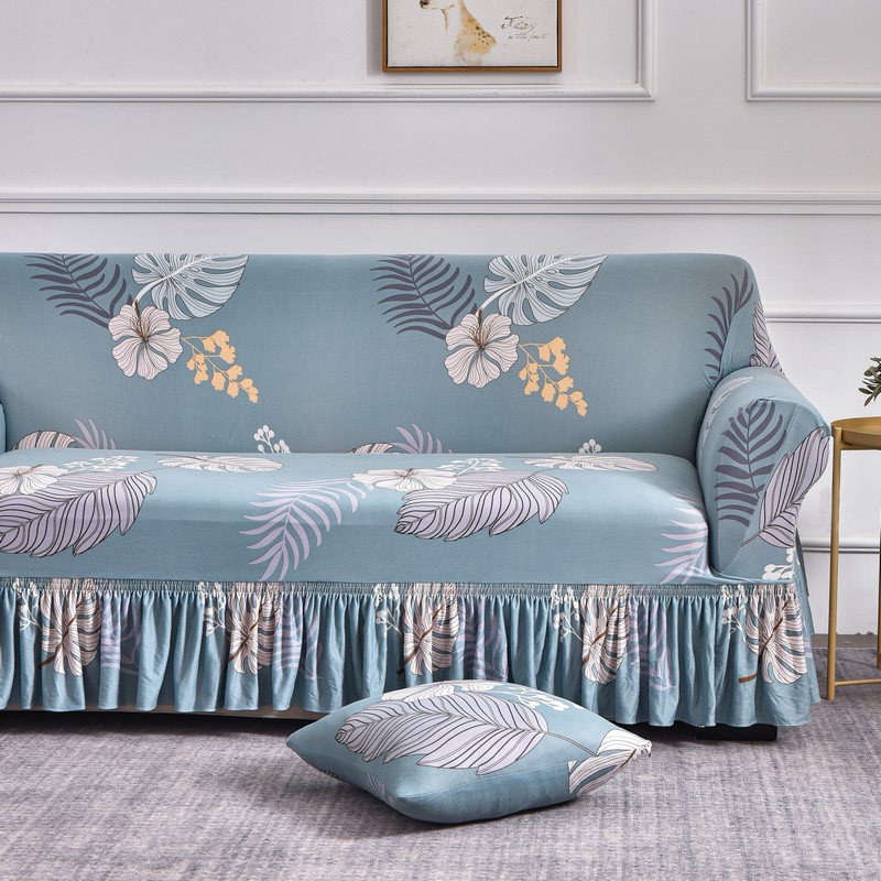 ソファーカバー 南国風トロピカル柄フリル付き伸縮ソファーカバー