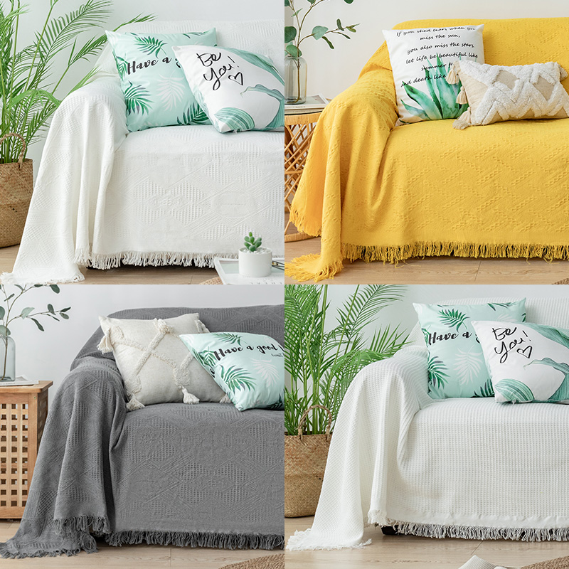 ソファーカバー 立体幾何学模様織りフリンジ付きソファーカバー