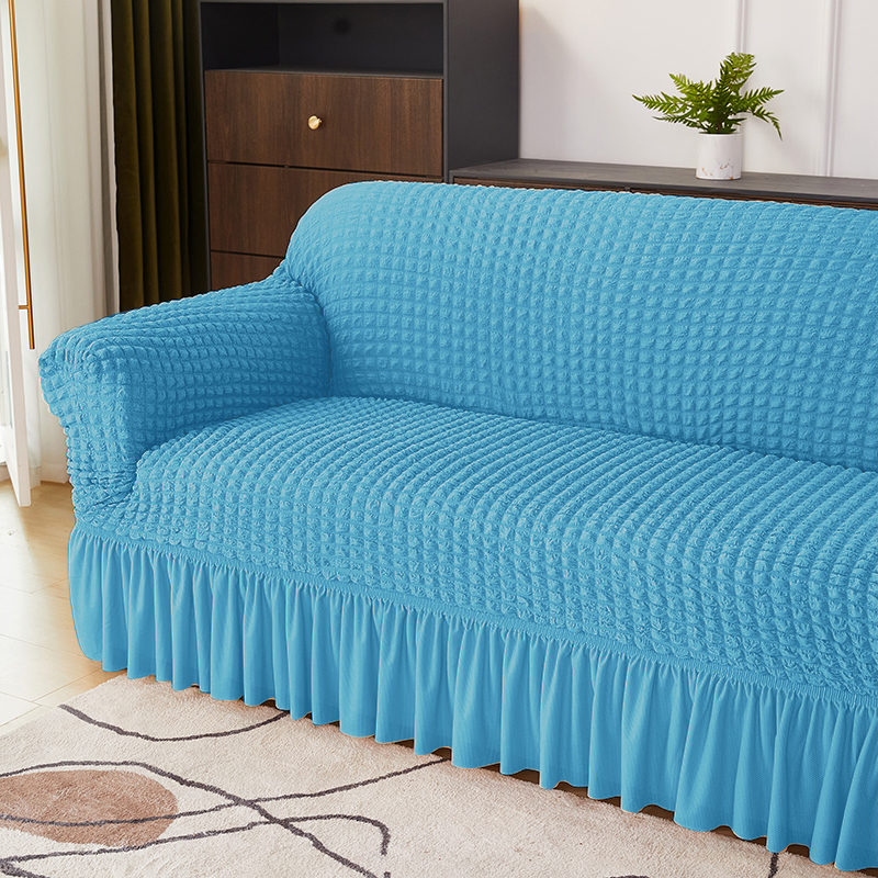 ソファーカバー フリル付き格子模様伸縮ソファーカバー