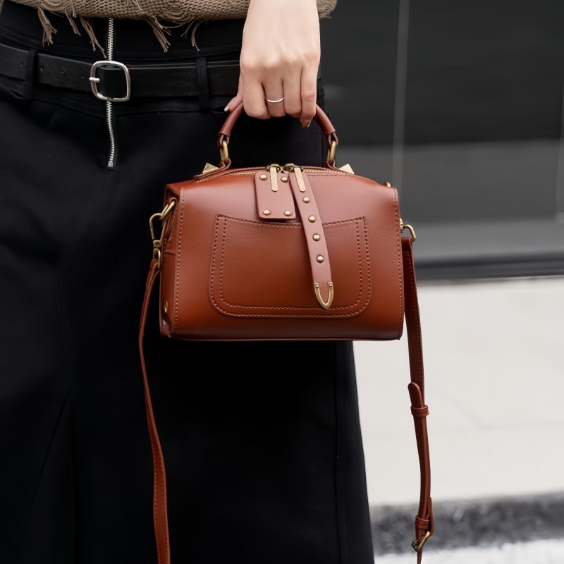 革バッグレディース 本革ステッチデザインダブルジップハンドバッグ