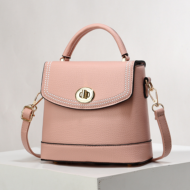 革バッグレディース 上品な真珠風装飾付き二重構造革製小型ハンドバッグ