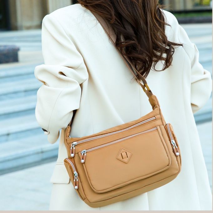 革バッグレディース 多機能ポケット付き斜め掛け対応ハンドバッグ