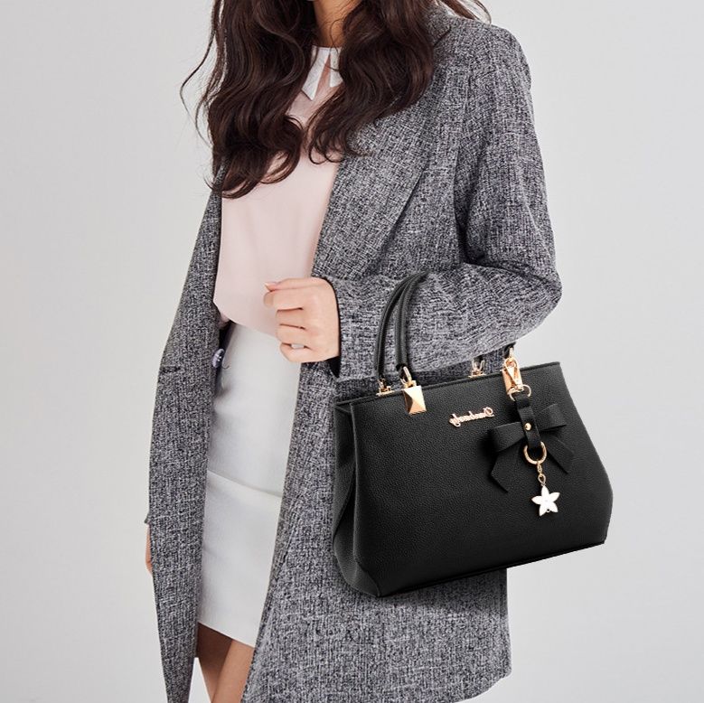 革バッグレディース 星型チャーム付きリボンデザイン上品ハンドバッグ
