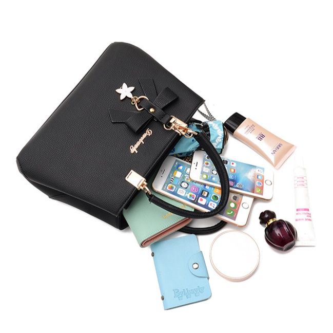 革バッグレディース 星型チャーム付きリボンデザイン上品ハンドバッグ