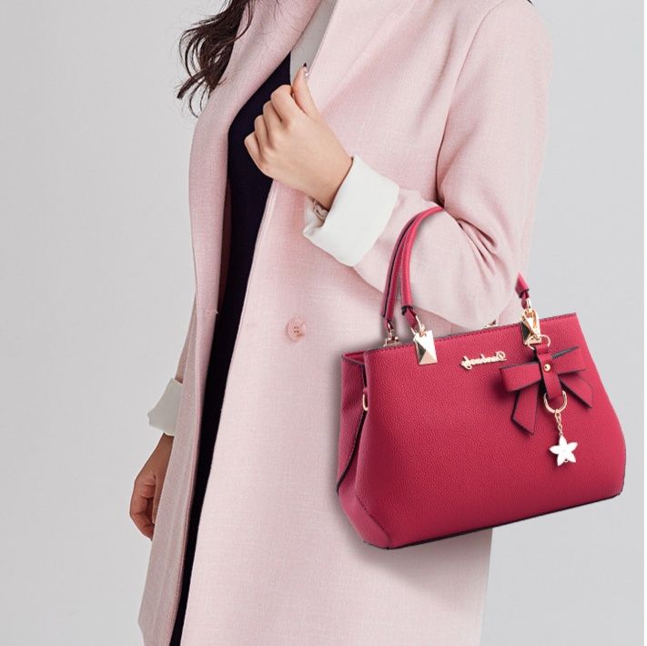 革バッグレディース 星型チャーム付きリボンデザイン上品ハンドバッグ