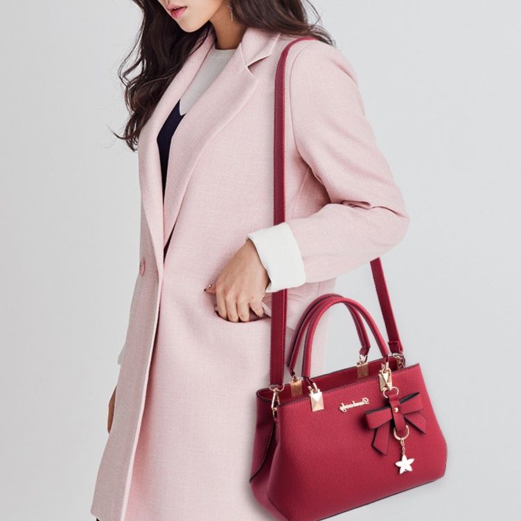 革バッグレディース 星型チャーム付きリボンデザイン上品ハンドバッグ