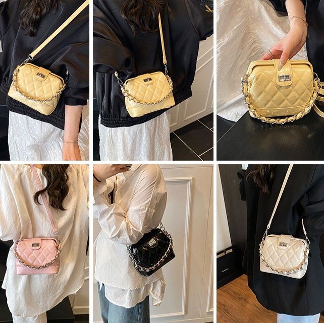 革バッグレディース キルティング柄チェーン付き小型ハンドバッグ