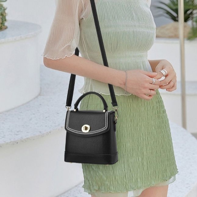 革バッグレディース 上品な真珠風装飾付き二重構造革製小型ハンドバッグ