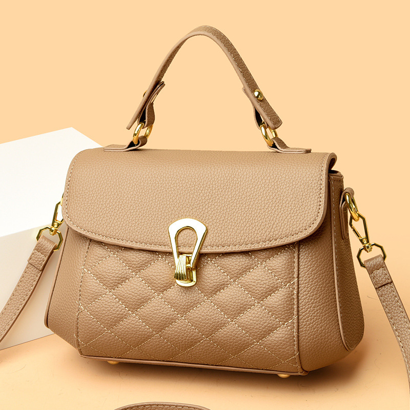 革バッグレディース 菱形キルティング金具留めハンドバッグ