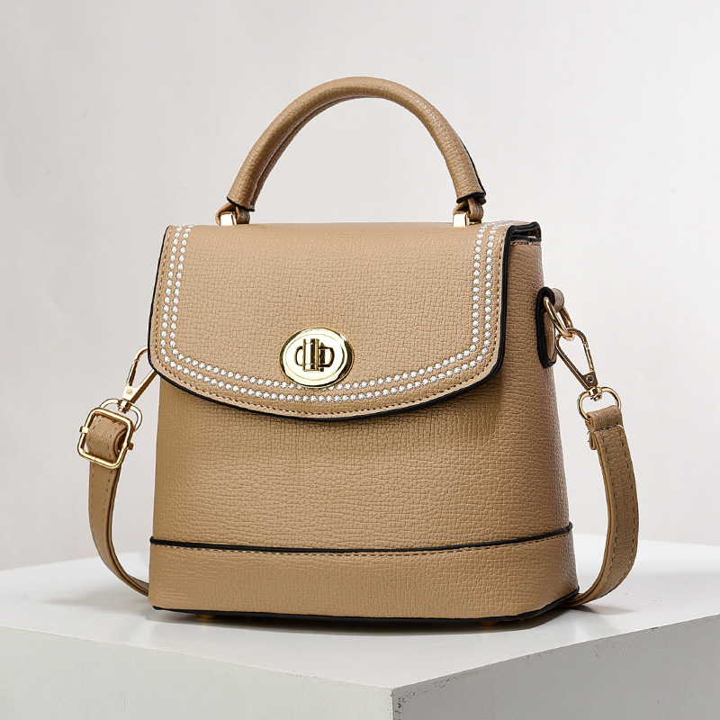 革バッグレディース 上品な真珠風装飾付き二重構造革製小型ハンドバッグ