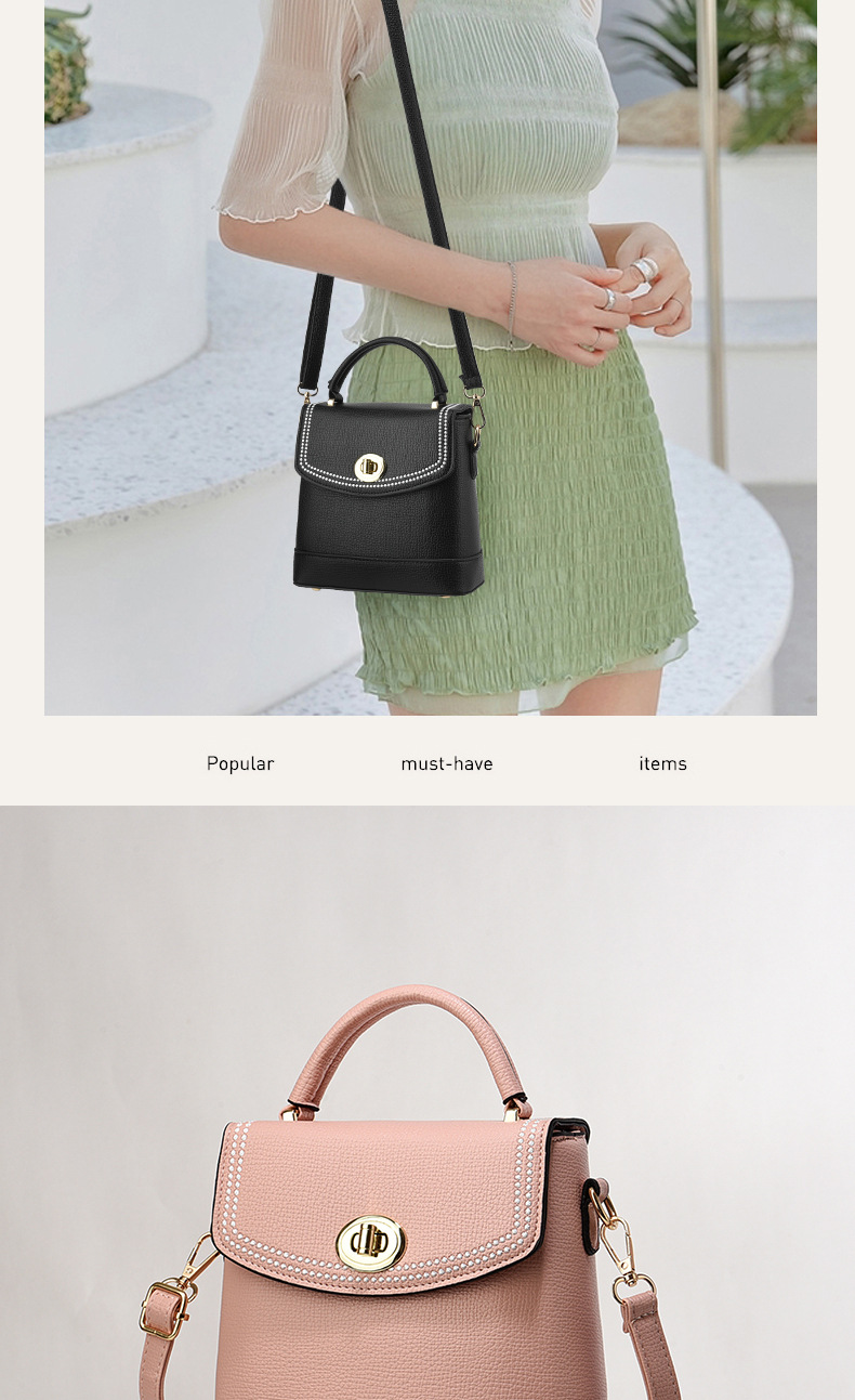 革バッグレディース 上品な真珠風装飾付き二重構造革製小型ハンドバッグ