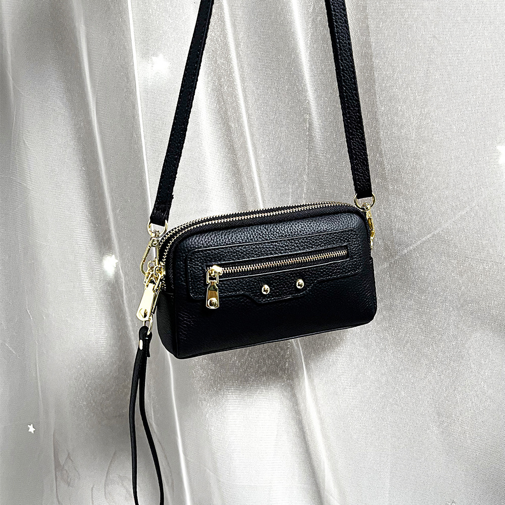 革バッグレディース 三層ファスナー付き本革ミニショルダーバッグ