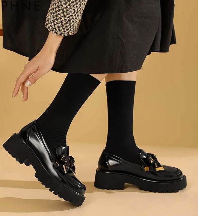 ローファーレディース リボン飾り付き厚底シューズ