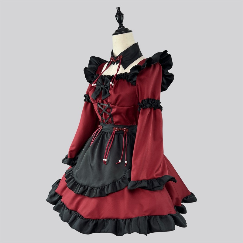 ロリータファッション 中華ロリータ 小悪魔風メイド服 ワインレッド ワンピース