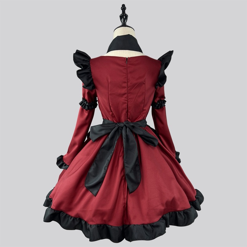 ロリータファッション 中華ロリータ 小悪魔風メイド服 ワインレッド ワンピース