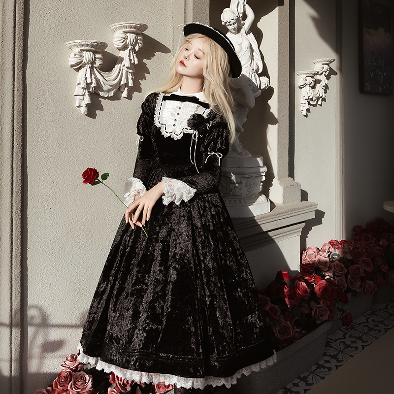 ロリータファッション 優美なベルベット姫袖レースドレス