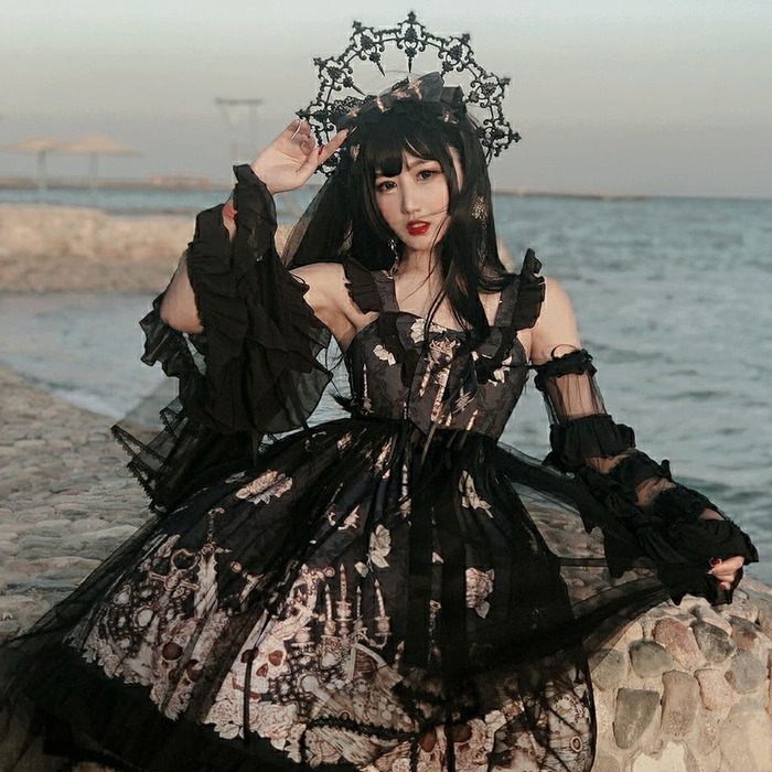 Lingxi lolita ゴスロリ ワンピース スカル刺繍 ロリータファッション 【ゴスロリ】スカルゴーストハロウィンナイト