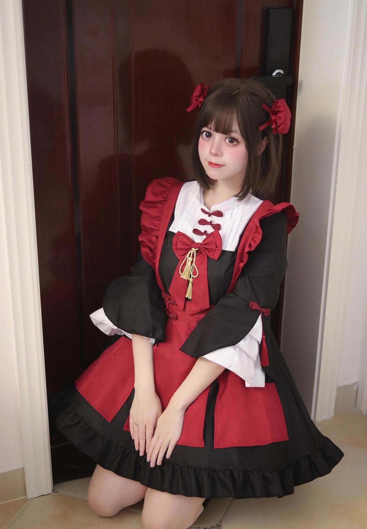 ロリータファッション 中華ロリータ 小悪魔風メイド服 ワインレッド ワンピース