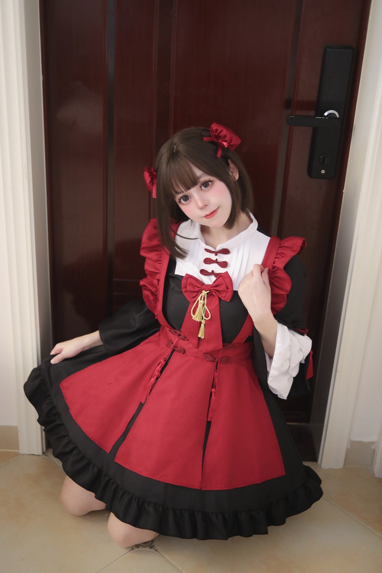 ロリータファッション 中華ロリータ 小悪魔風メイド服 ワインレッド ワンピース