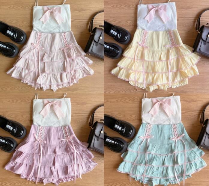 ロリータファッション 甘ロリータ 多段フリル編み上げスカート レース装飾