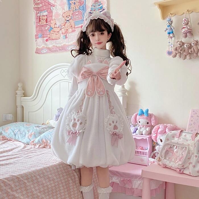 ロリータファッション 【甘ロリータ】夢かわホワイトキャットバルーンミニスカートワンピース