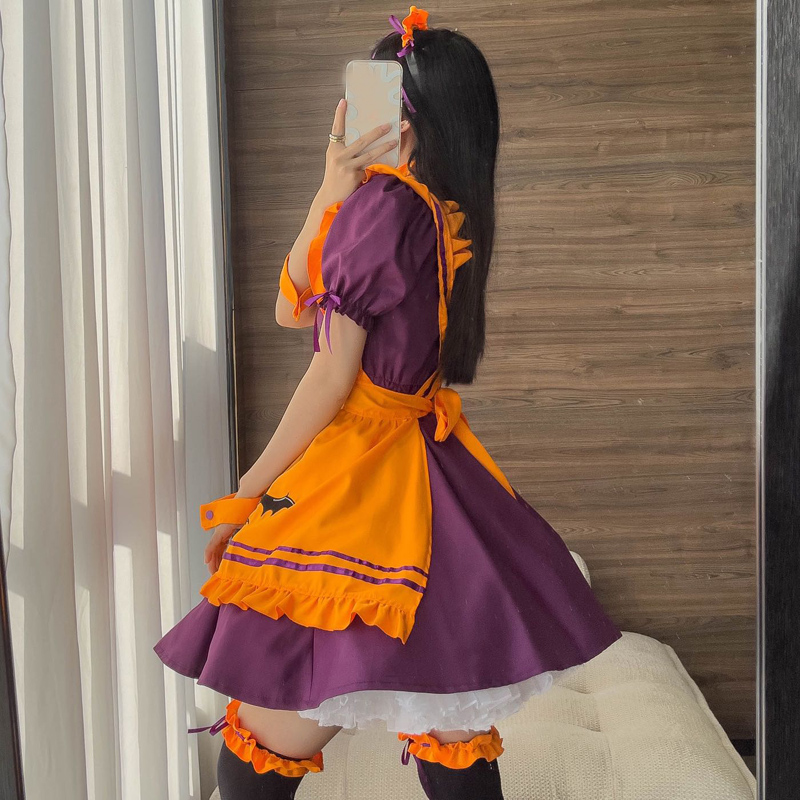 ロリータファッション 紫×橙色 ゴスロリメイド服 　ハロウィンコスチューム