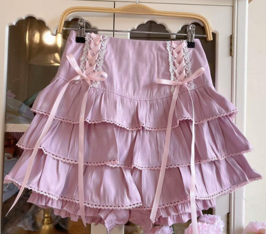 ロリータファッション 甘ロリータ 多段フリル編み上げスカート レース装飾