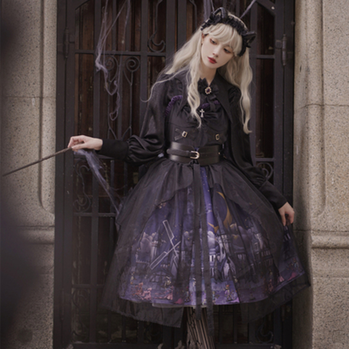 ロリータファッション 【ゴスロリ】ダークハロウィンキャットウィッチドレスワンピース