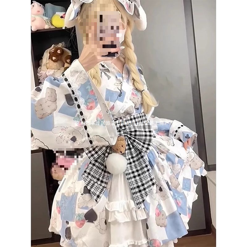 ロリータファッション 招き猫柄浴衣風羽織とフリルスカートの和装セット