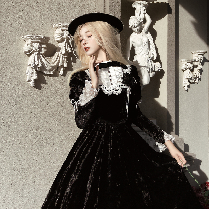 ロリータファッション 優美なベルベット姫袖レースドレス