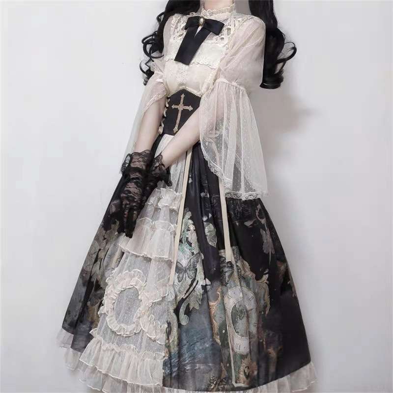 ロリータファッション 十字架刺繍付き姫袖レース重ねドレス