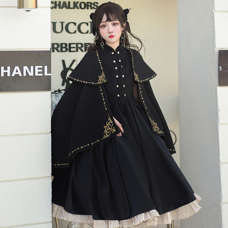 ロリータファッション 十字架刺繍ケープ付きロング丈ドレス