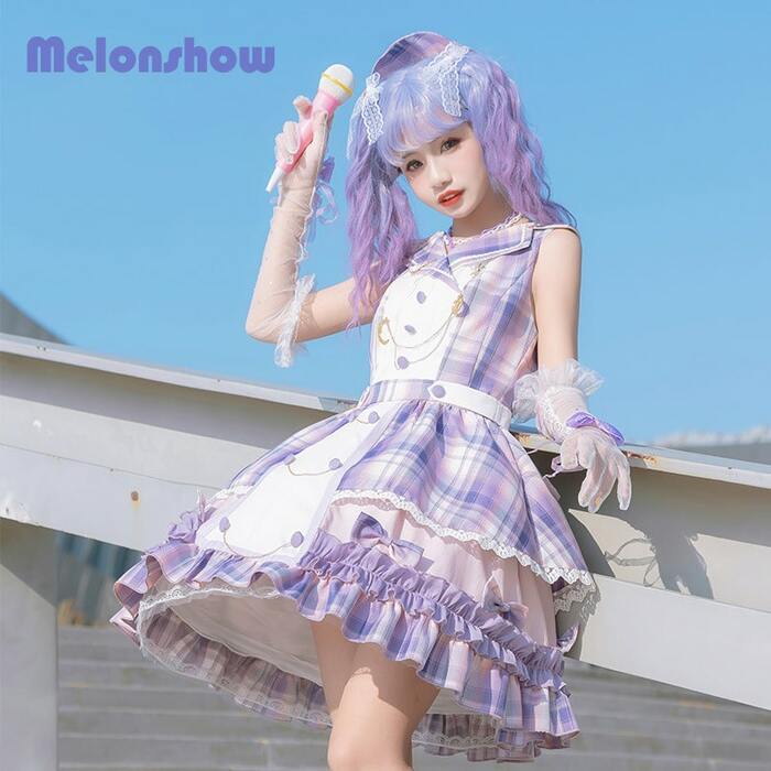 ロリータファッション 【甘ロリータ】アイドルチックパープルチェッククールワンピース