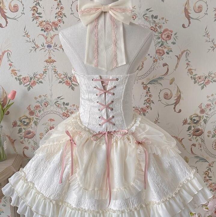 ロリータファッション 新品クラシカルロリータメイド服セット可愛いワンピース髪飾り付き
