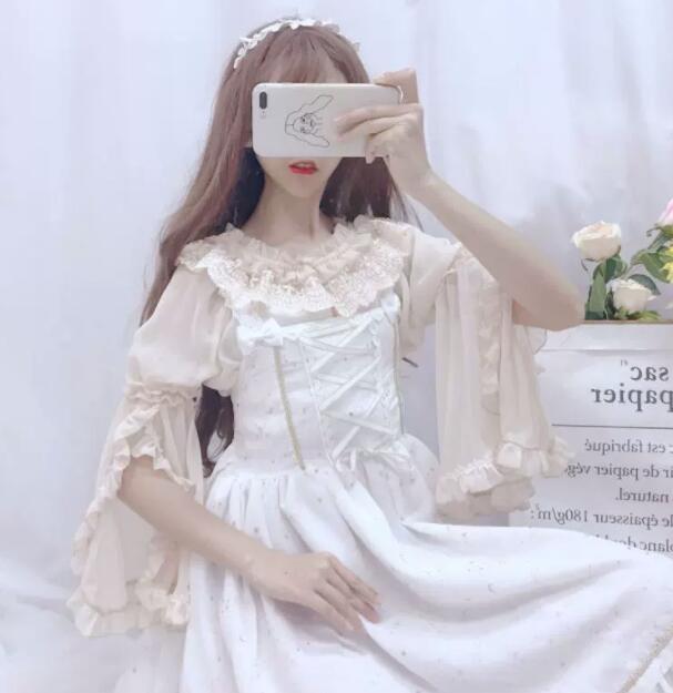 ロリータファッション 甘ロリータ オフショルダー長袖 フリル レース ドール風 ブラウス
