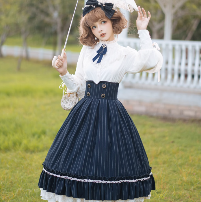 ロリータファッション 【クラシカルロリータ】学院制服風ロリータ ストライプハイウエストスカート