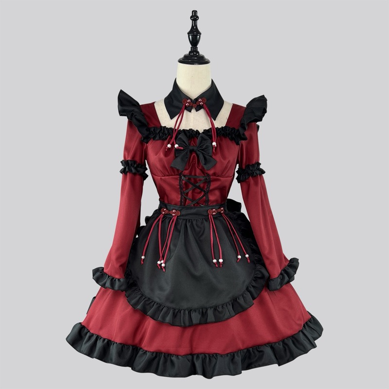 ロリータファッション 中華ロリータ 小悪魔風メイド服 ワインレッド ワンピース