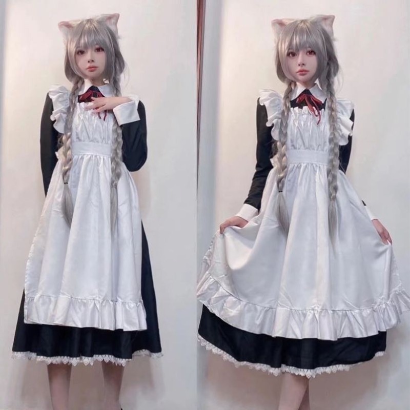 ロリータファッション 甘ロリータ メイド服 ワンピース フリル エプロン 長袖 黒白