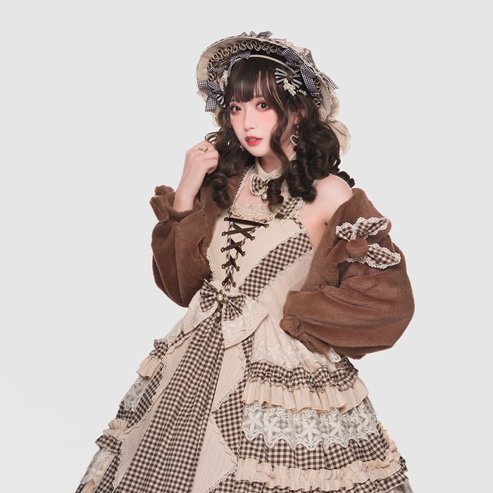 ロリータファッション 【甘ロリータ】ギンガムチェックテディベアリボンレースドレスワンピース