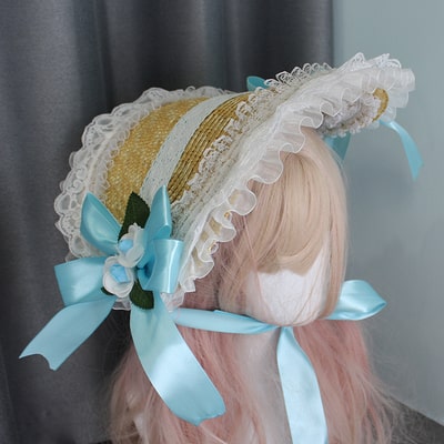 ロリータファッション 【甘ロリータ】サイドツインリボンストローヘッドドレス